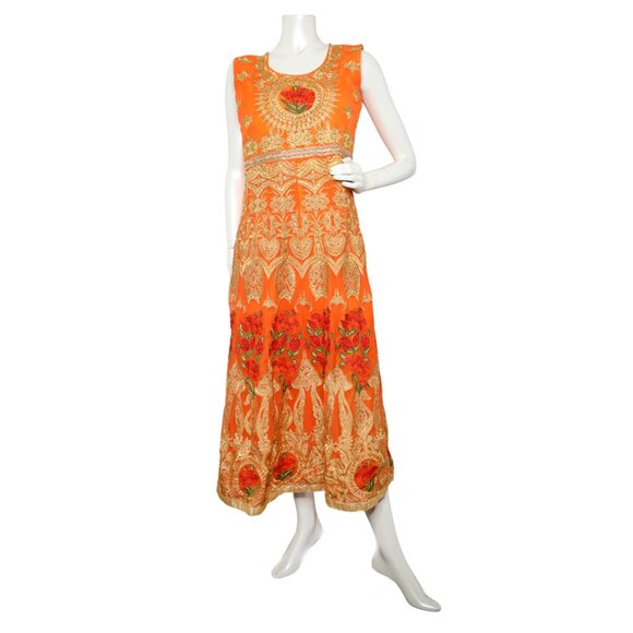 Stunning Orange & Gold Embroidered Anarkali Gown Indian Dress Suit Wedding - Picture 2 of 16